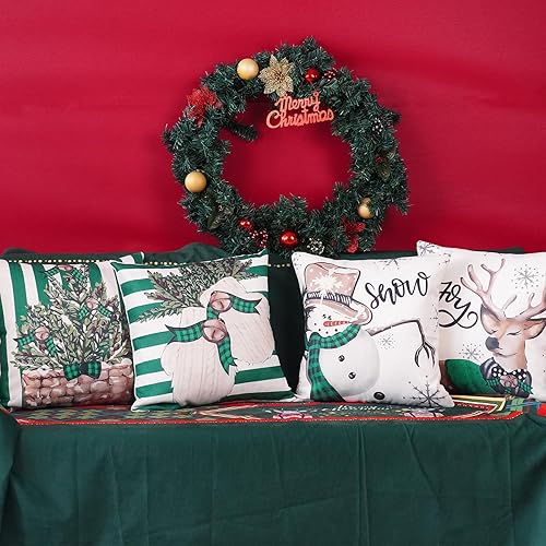Miniatura 8 de ONWAY Juego de 4 fundas de almohada de rayas navideñas de 18 x 18 pulgadas, juego de 4 fundas de almohada de muñeco de nieve y renos con rayas
