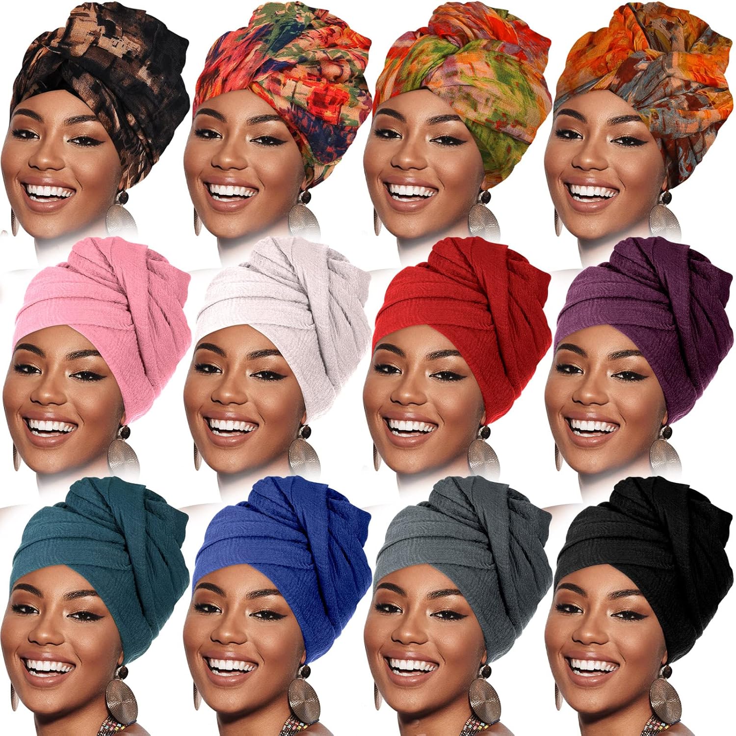 Geyoga 12 Pieces Head Wraps for Turbans African Black Women Bulk Soft Hair Headband Scarf Chic Colors