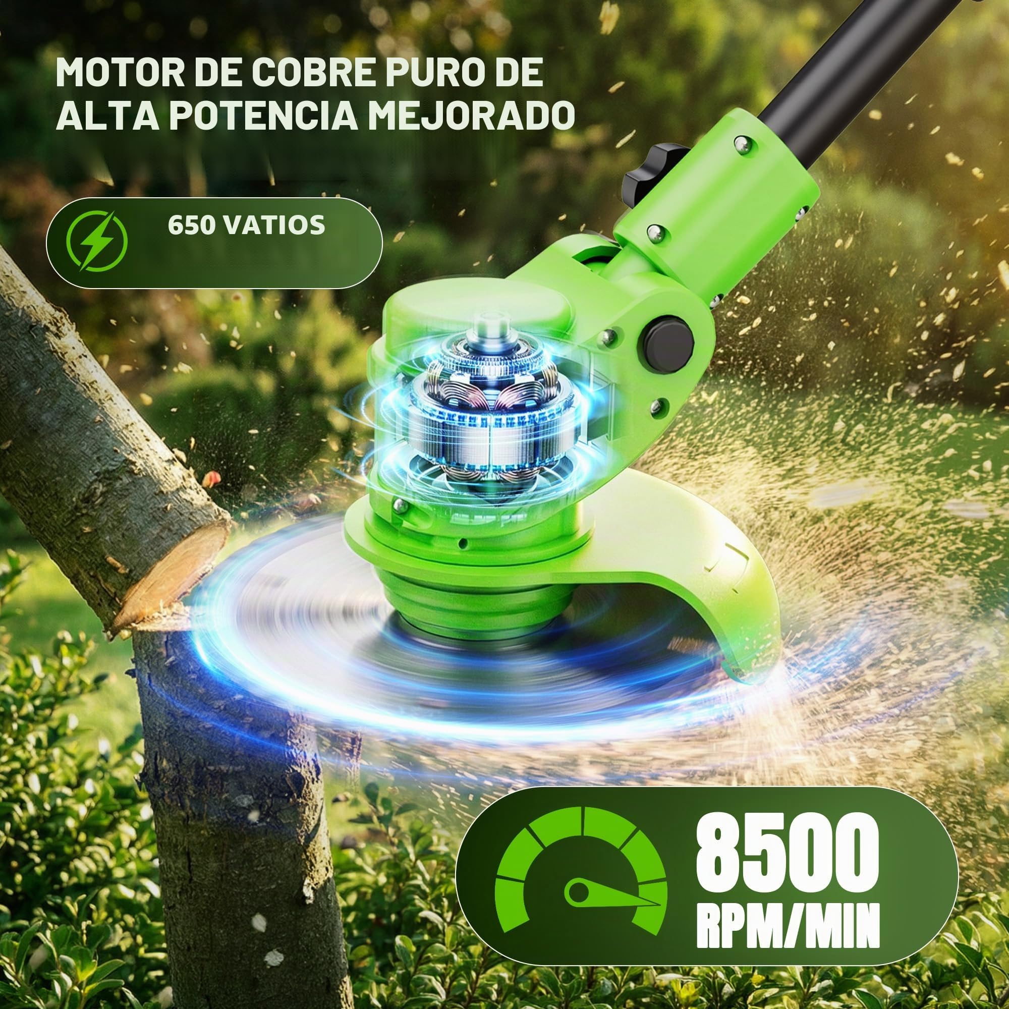 Desbrozadora Eléctrica a Batería 21V 650W, Cortabordes 4 en 1 Multifunción con 2 Baterías 2000mAh, Ruedas Desmontables, Cabezal Ajustable 90°, Herramienta de Jardín para Césped, Bordes