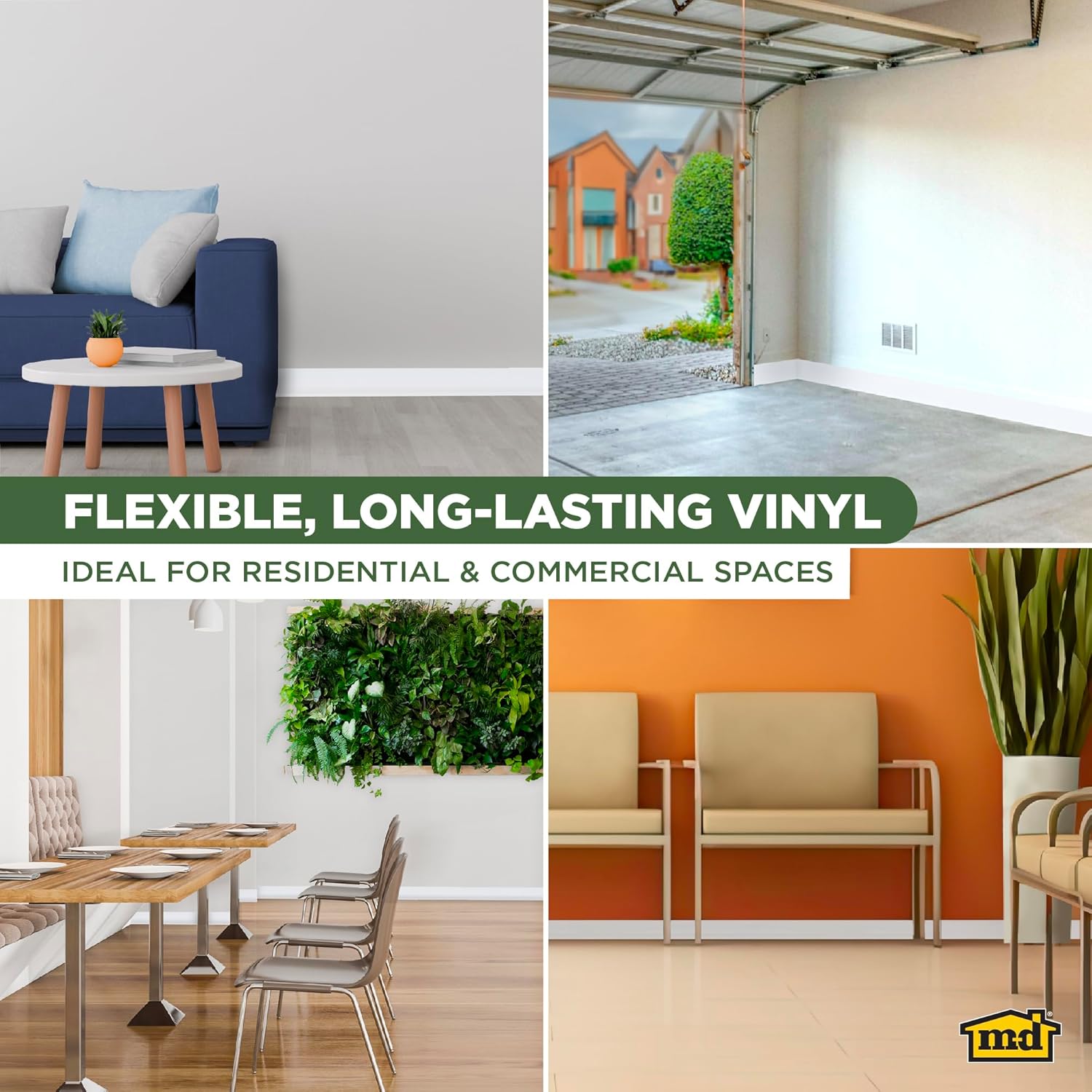 M-D Building Products 4-Inch x 120-Feet Dry Back Vinyl Wall Base, Flexible Dry Back Vinyl Trim with Toe - Easy Install Molding Trim for Floors, Baseboards, Bulk Roll, Snow White (75507)