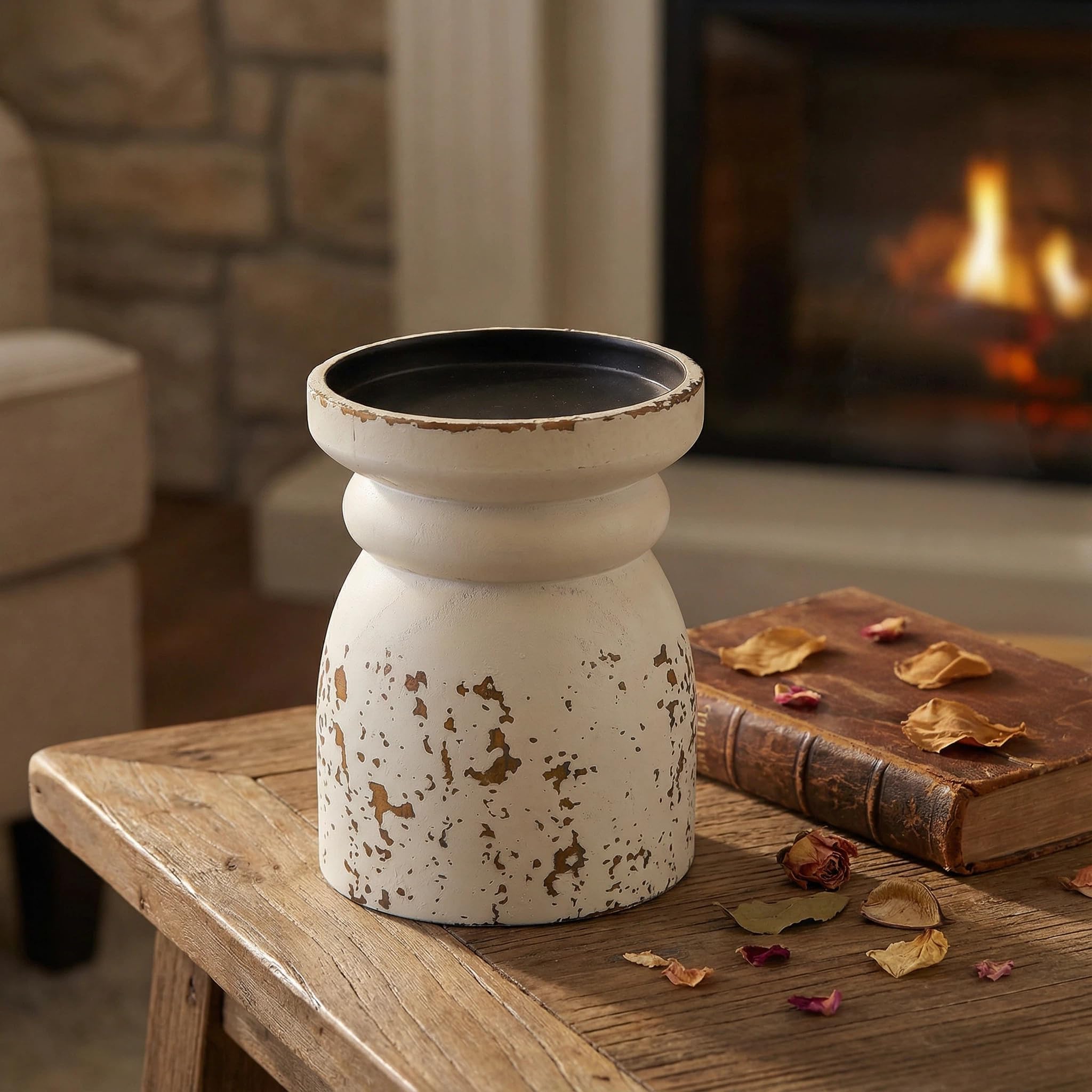 SOFE Rustic Distressed White Candle Holder, 6 Inches Tall Wooden Candle Stands for Pillar Candles, Vintage Candle Pedestal for Home Table Mantle Decorations, House Warming Gift