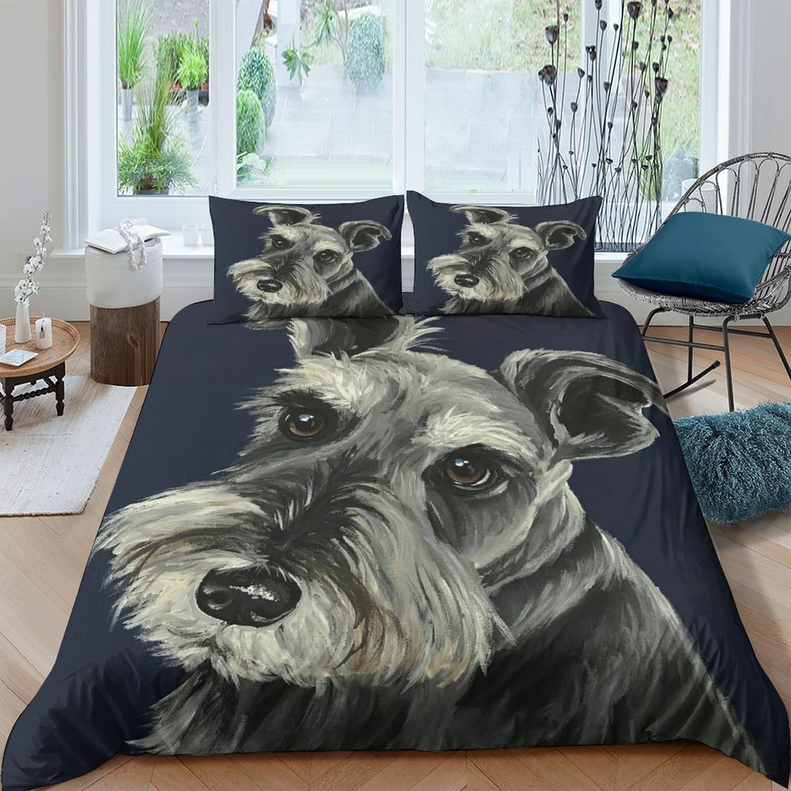 Ctjqhvkz Style-9 3D Printed Schnauzer Dog Fitted Sheet Microfiber Black Gray Pet Portrait Bed Cover For Bedroom Guest Room Mattress Decor Single（135X200cm）