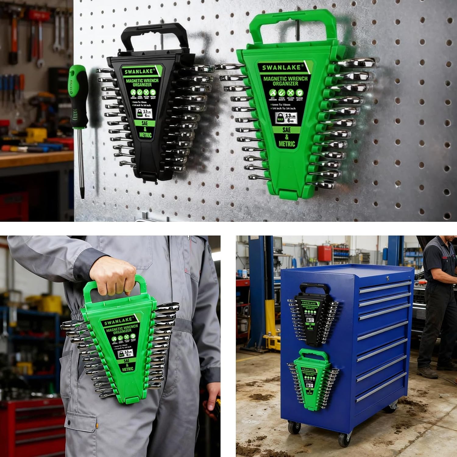 2-Piece Magnetic Wrench Organizer, Metric & SAE Portable Plastic Wrench Holder, 24-Slot Total, Foldable Carrying Handle for Wall-Mounted, Easy-Open Lock Cover, Wrenches Storage Rack Tool for Tool Box