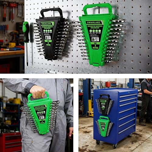 Miniatura 7 de Organizador de llaves magnéticas de 2 piezas, soporte de llave de plástico portátil métrico y SAE, 24 ranuras en total, mango de transporte plegable