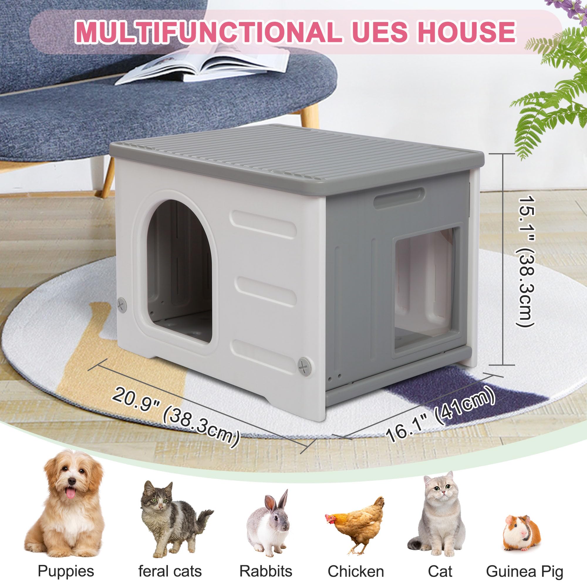 Produktbild von Hicaptain Katzenhäuser Für Indoor-Katzen Mit Fluchttür, Kunststoff, Outdoor- Katzenhaus, Welpe, Wilde Katze, Unterschlupf Für Kleine, Mittelgroße Haustiere, Grau