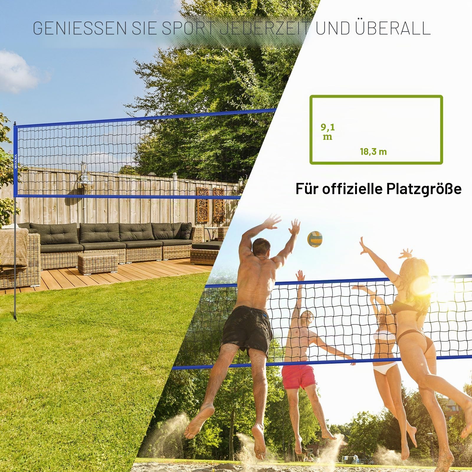 VEVOR Höhenverstellbares Volleyballnetz Set, 9,7 x 2,4 m Tragbarer Beachvolleyball-Netz, Blau Faltbar Mit Volleyball & Tragetasche, Für Garten, Strand
