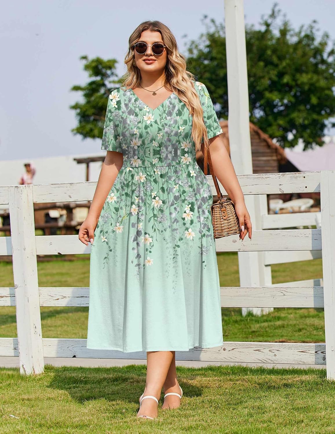 IN'VOLAND Women Plus Size Casual Dress Short Sleeve Vneck Summer Midi Dresses Aline Loose Sundress with Pockets - Image 2