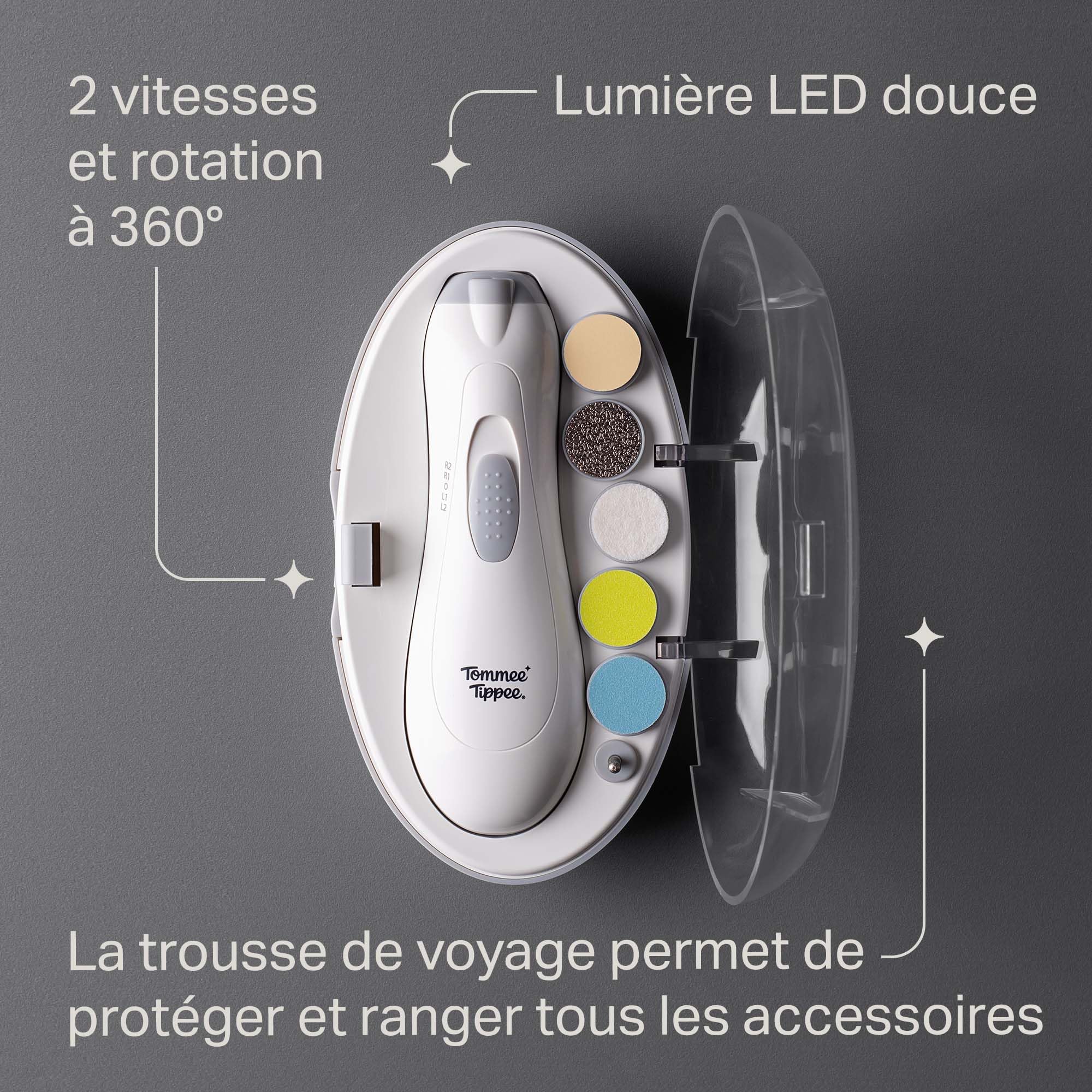 Tommee Tippee Lime à Ongles Électrique pour bébé, Coupe-Ongles à Piles pour Enfant en Bas Âge avec Éclairage LED et Six Têtes de Limage pour Bébé et Adulte