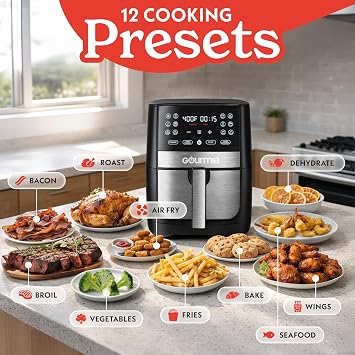 Gourmia 8 Qt Digital Air Fryer GAF826 XL Capacity with 12 One-Touch Presets, Nonstick Dishwasher Safe Basket, Oil-Free Cooking, ETL-Certified, Sleek Black Finish