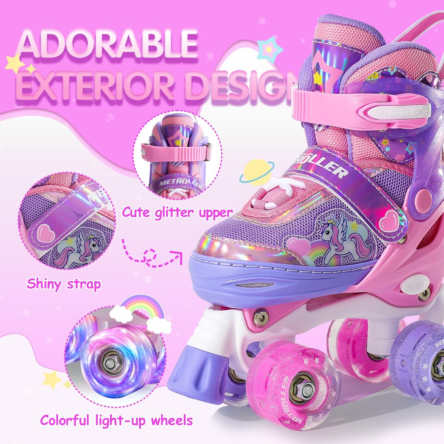 METROLLER Kids Roller Skates Girls Ages 4-6 5-8 8-12 Adjustable Toddler Roller Skates Shining Wheels Little Unicorn Sports Outdoors - Image 6
