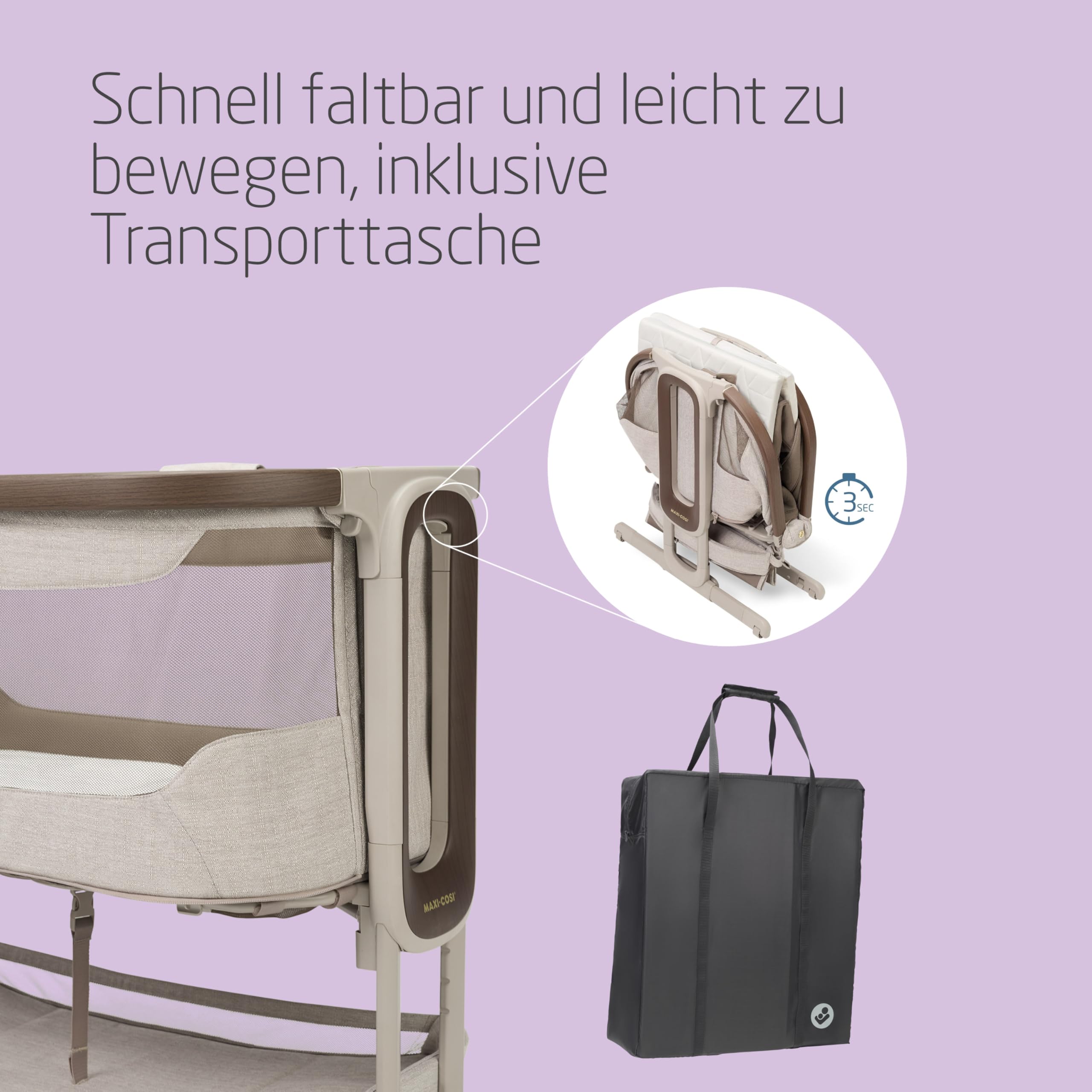 Maxi Cosi Iora Select Baby Stubenbett 0-6 Monate 9 kg Faltbares Beistellbett Schaukelbett CloudCore-Matratze 3 cm 5 Höhenstufen 4 Rollen Easy Slide Elegance Truffle