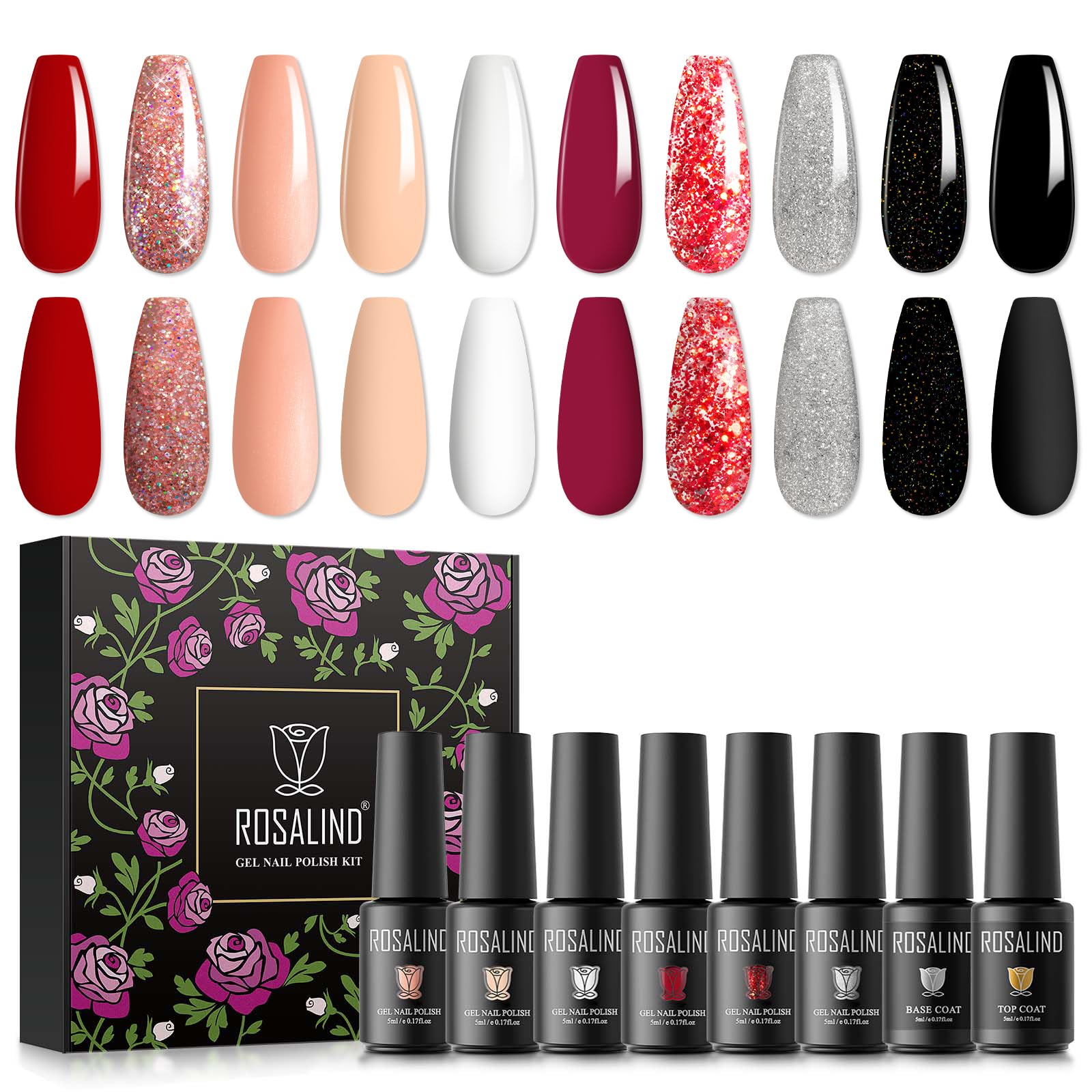 ROSALIND Esmaltes Semipermanentes para Uñas 12PCS con Base y Top Coat Semipermanente, Blanco Nude Negro Purpurina Rojo Plata 10 Colores Pintauñas Semipermanentes, UV Gel de Uñas Semipermanente