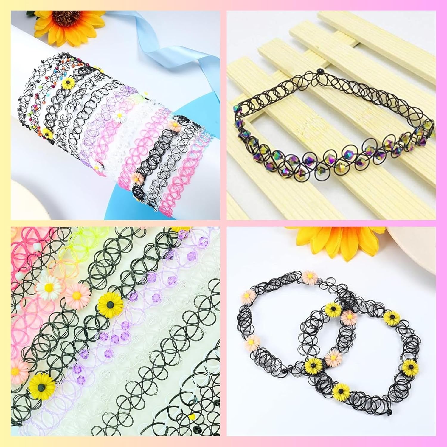 BodyJ4You 24PC Tattoo Choker Necklace - 90s Choker Necklaces Y2K Fashion Trendy Vintage - Daisy Flower Charm Colorful Rainbow Black Goth Pendant - Stretchy Elastic Necklace Summer Gift Set - Image 3