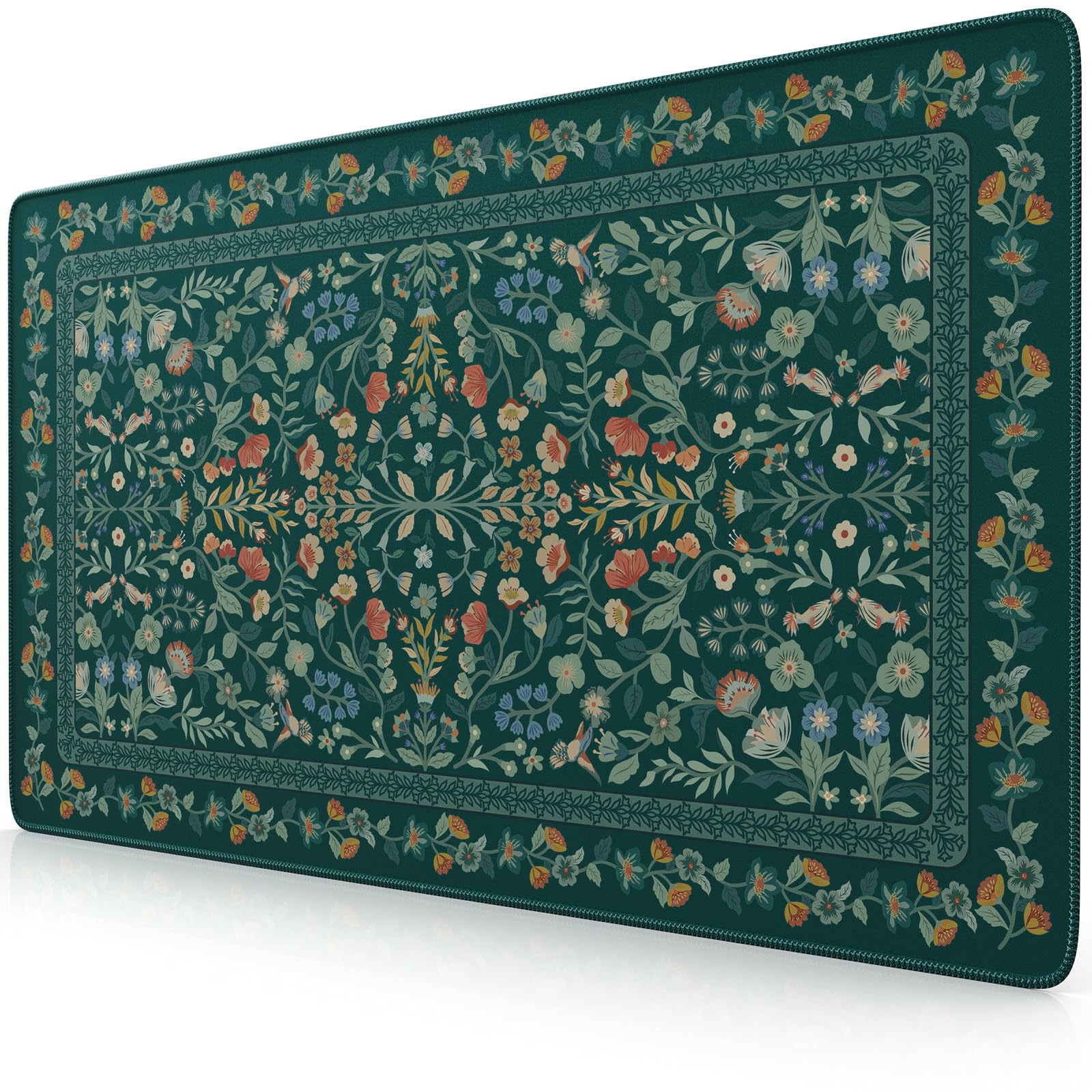 iCasso Green Aesthetic Flower Mouse pad for Laptop, Vintage Desk Matt for Desktop 13.7"x23.6", Anti-Slip Mousepad with Stitched Edges for Laptop Computer Keyboard(Deep Green)