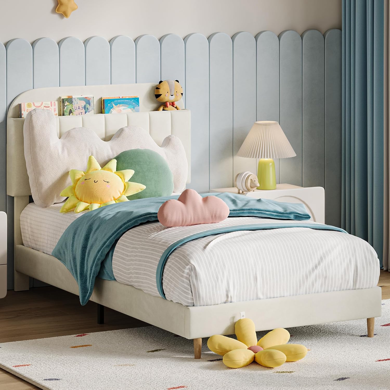 Twin Bed Frame with Bookcase Headboard, Upholstered Platform, Kids Bed Frame Twin Size Bed with Wooden Slats Support for Boys, Girls, Teens, No Box Spring Needed