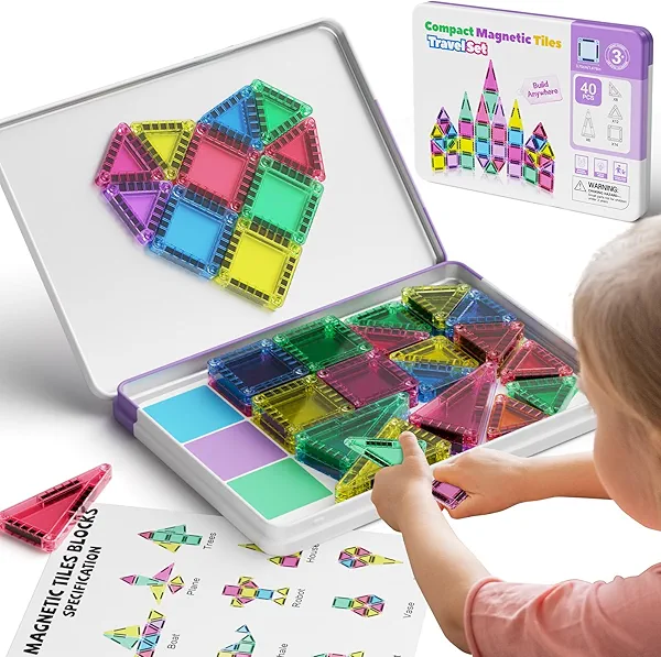 Mini Magnetic Tiles Building Blocks 40PCS - Montessori Educational Magnet Travel Construction Set with Iron Storage Box, Airplane Activities Toys, Toddler Birthday Gift for Boys & Girls Ages 3-8