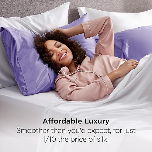 Miniatura 4 de Bedsure Funda de almohada de satén para cabello y piel, tamaño Queen, paquete de 2 fundas de almohada de seda lila, 20 x 30 pulgadas, juego de 2