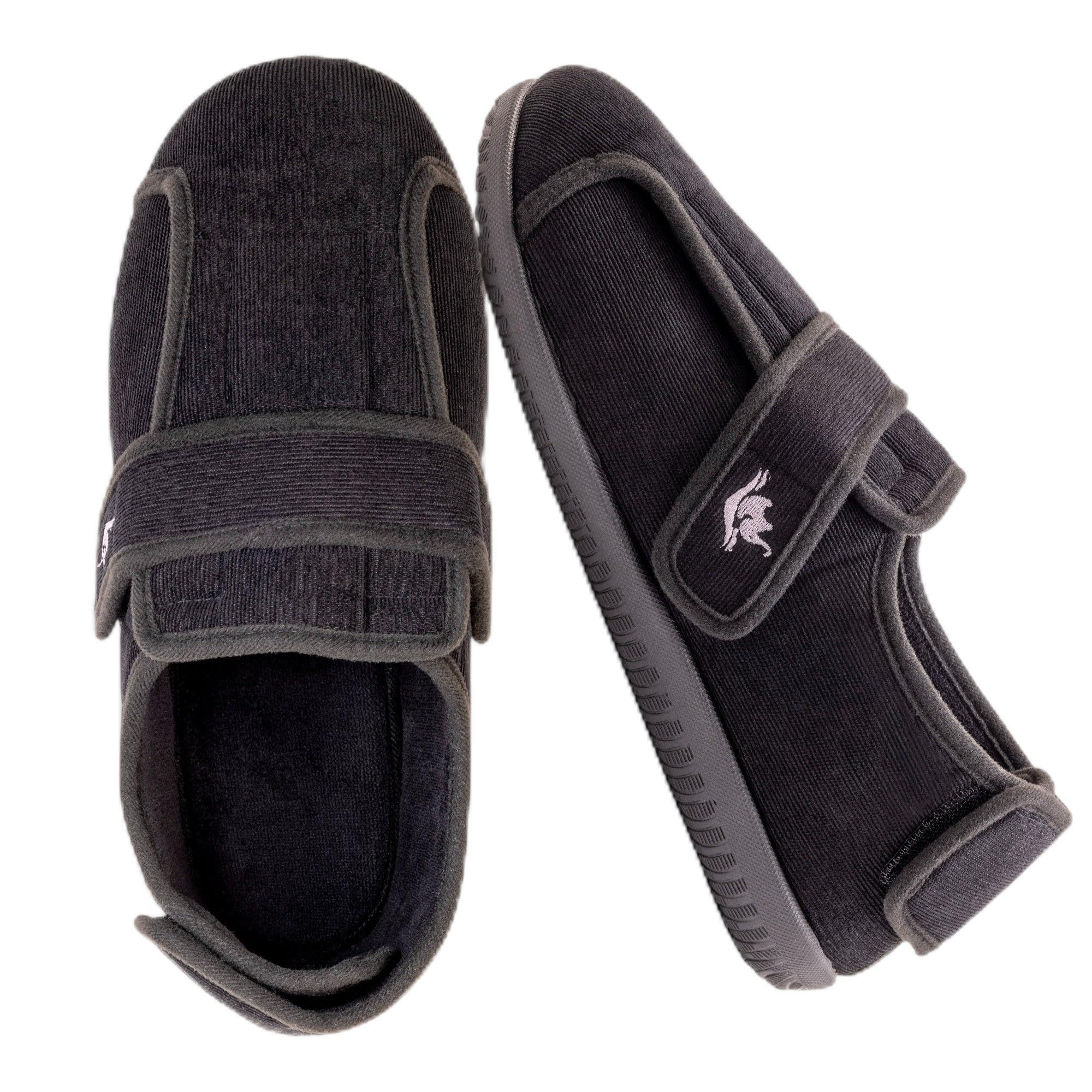 EUROPEAN SOFTEST Men’s Wide Fit Adjustable Slippers – Opens at Top & Heel, Memory Foam, Non-Slip Indoor/Outdoor Sole, Washable Comfort for Wide,