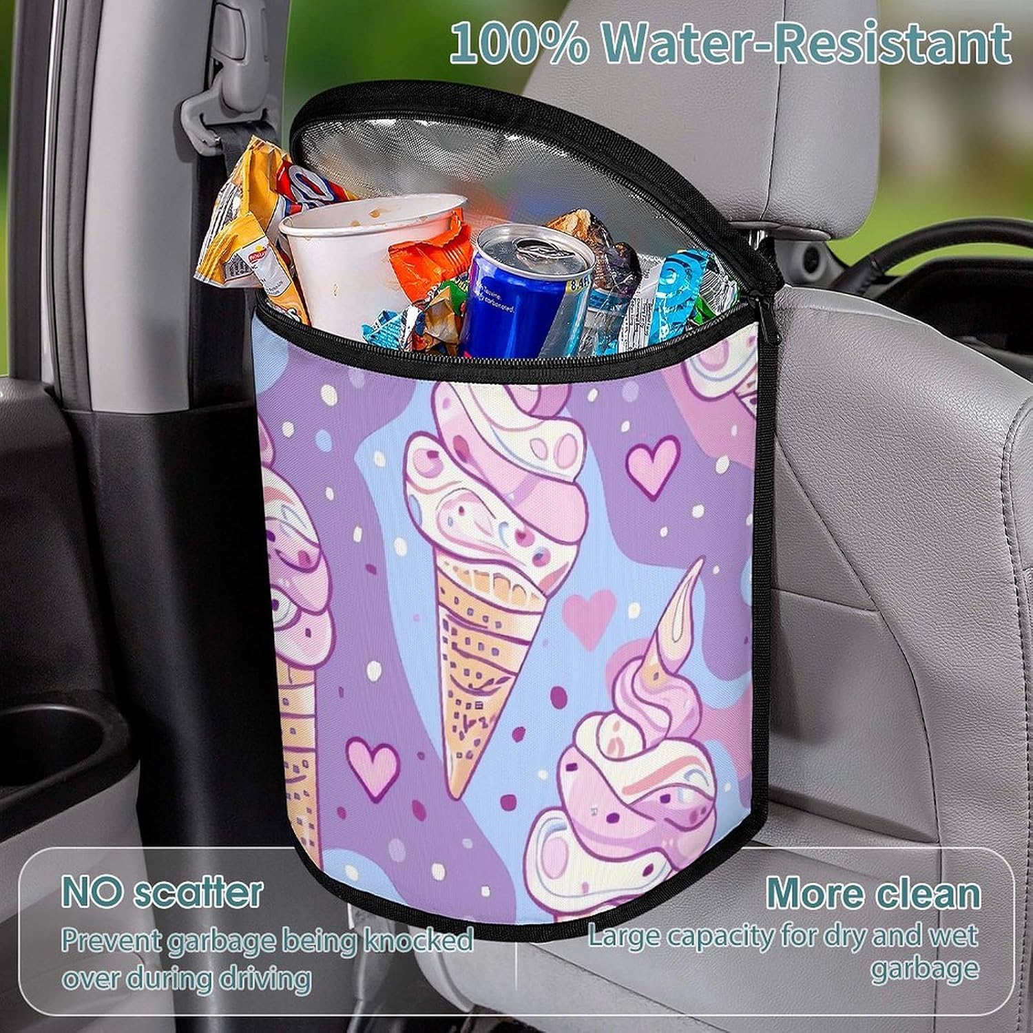 MUSM Leakproof Car Trash Can 2.5 Gallon, Durable Automotive Garbage Bag with Waterproof Liner, Light Purple Ice Cream Trash Bag for Car, Truck, RV & Bathroom