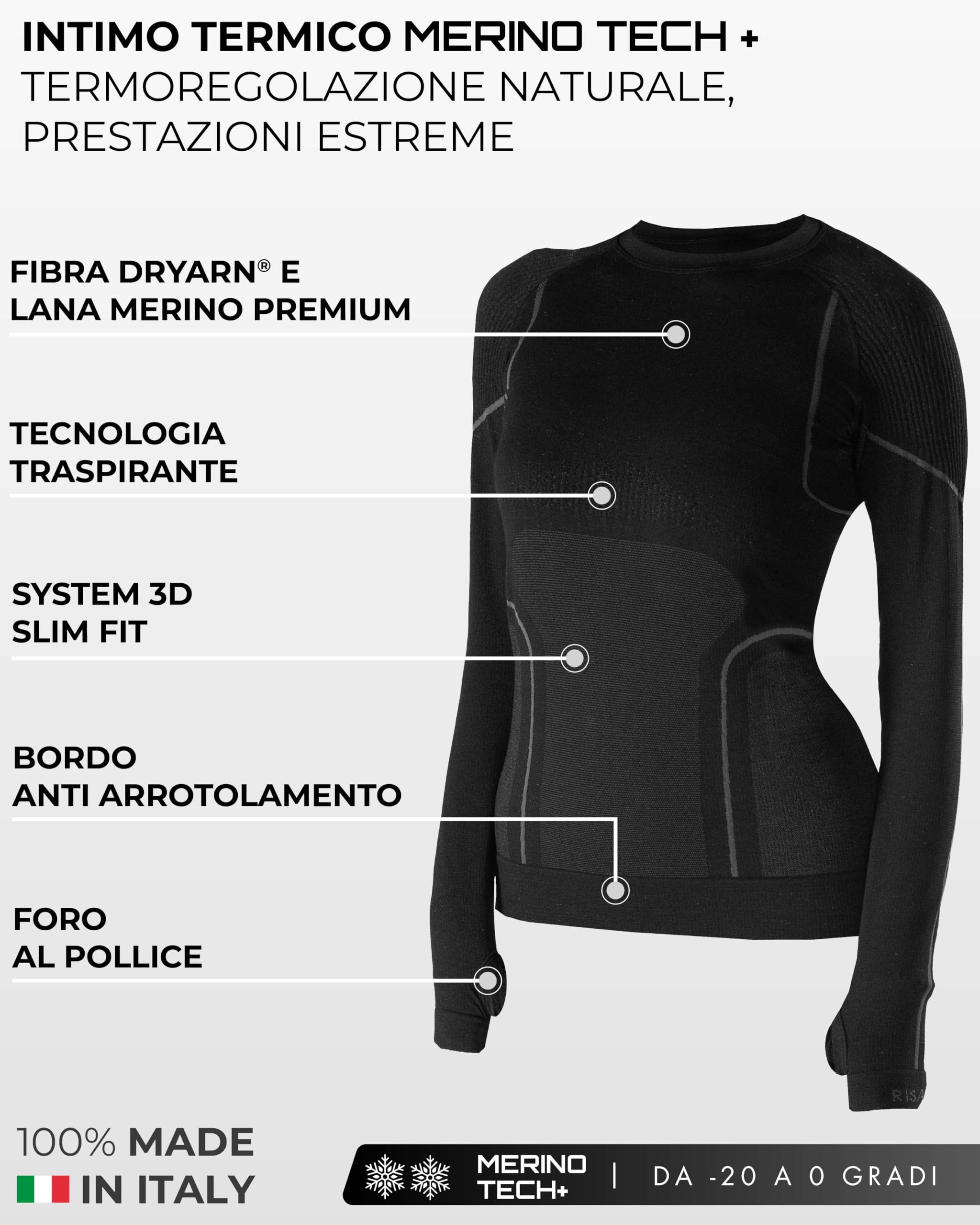 Risalti Tuta Termica Donna Invernale Lana Merino Tech - Completo Maglia Termica Donna e Calzamaglia in Merino Premium e Dryarn, Intimo Seamless, Traspirante e Termoregolante Estremo - Made in Italy