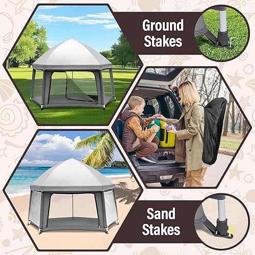 Miniatura 5 de Corralito para bebés con tapete de juego autoinflable y bolsa de viaje, corralito portátil al aire libre para bebés y niños pequeños, tienda de