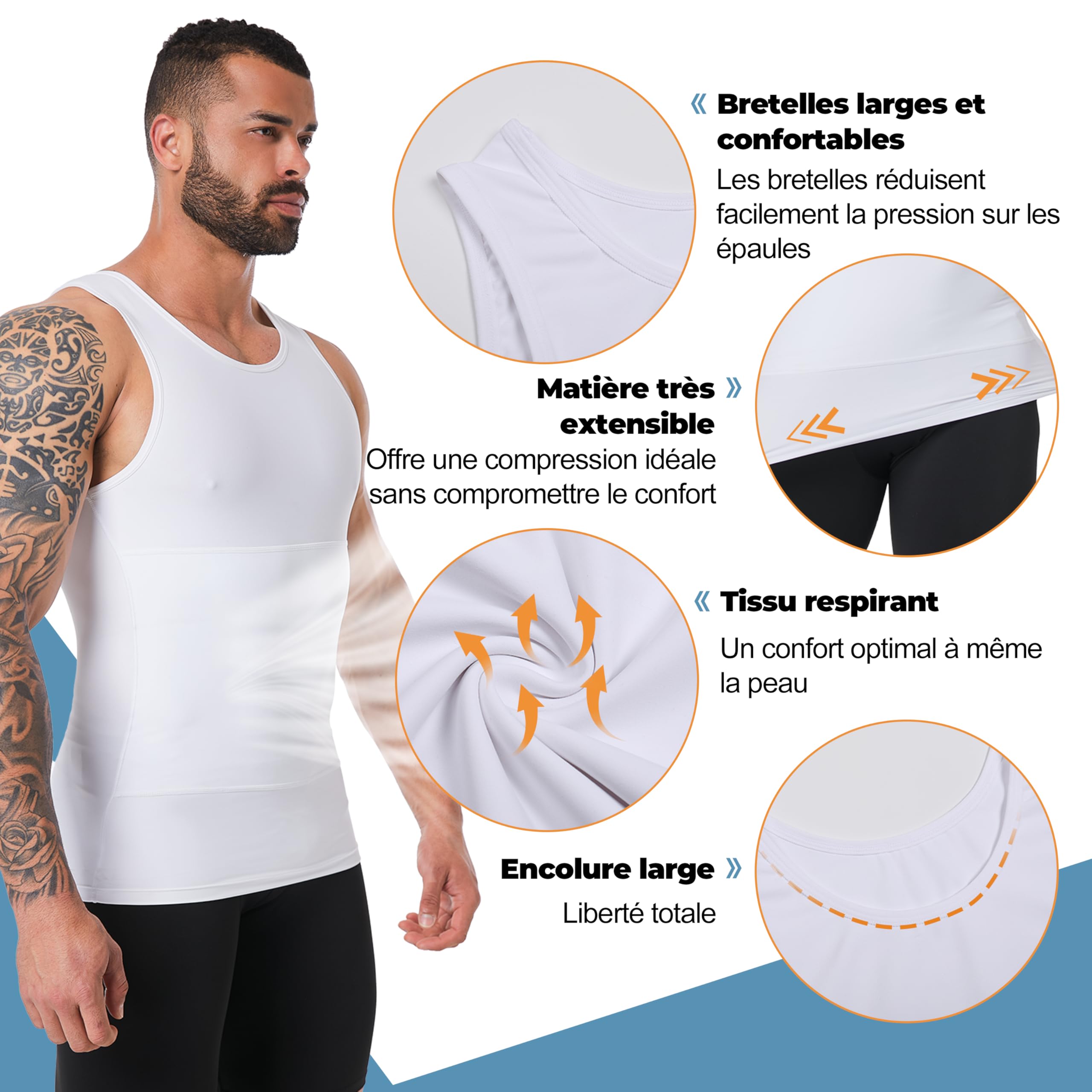 Débardeur gainant pour homme avec contrôle du ventre, masque la gynécomastie