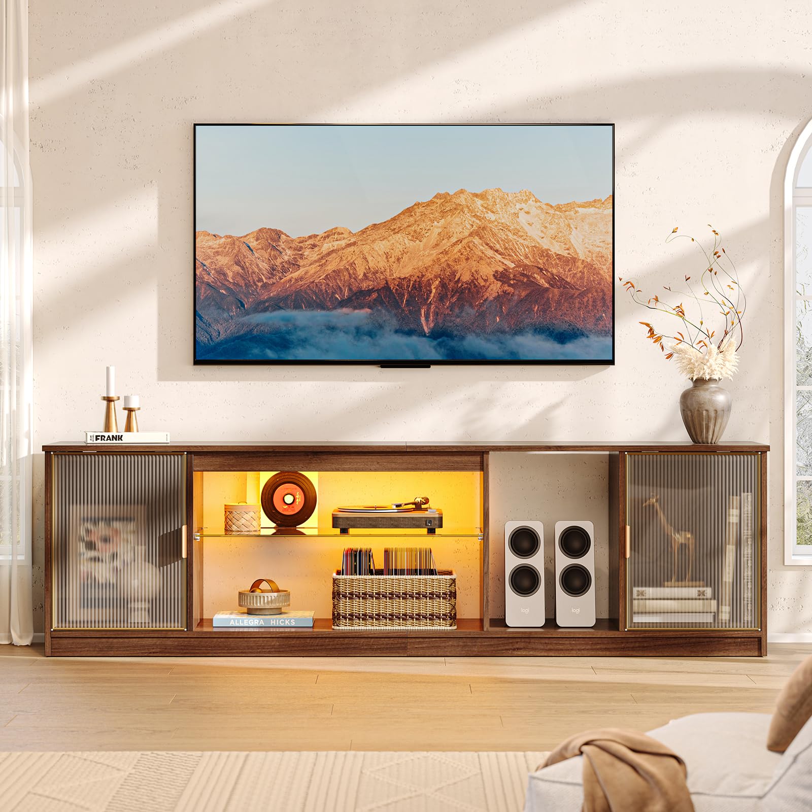 Bestier walnut RGB LED TV stand for 65-75 inch TVs, 70-87 inch farmhouse-style entertainment center, with tempered glass shelves and storage cabinets for living rooms and bedrooms