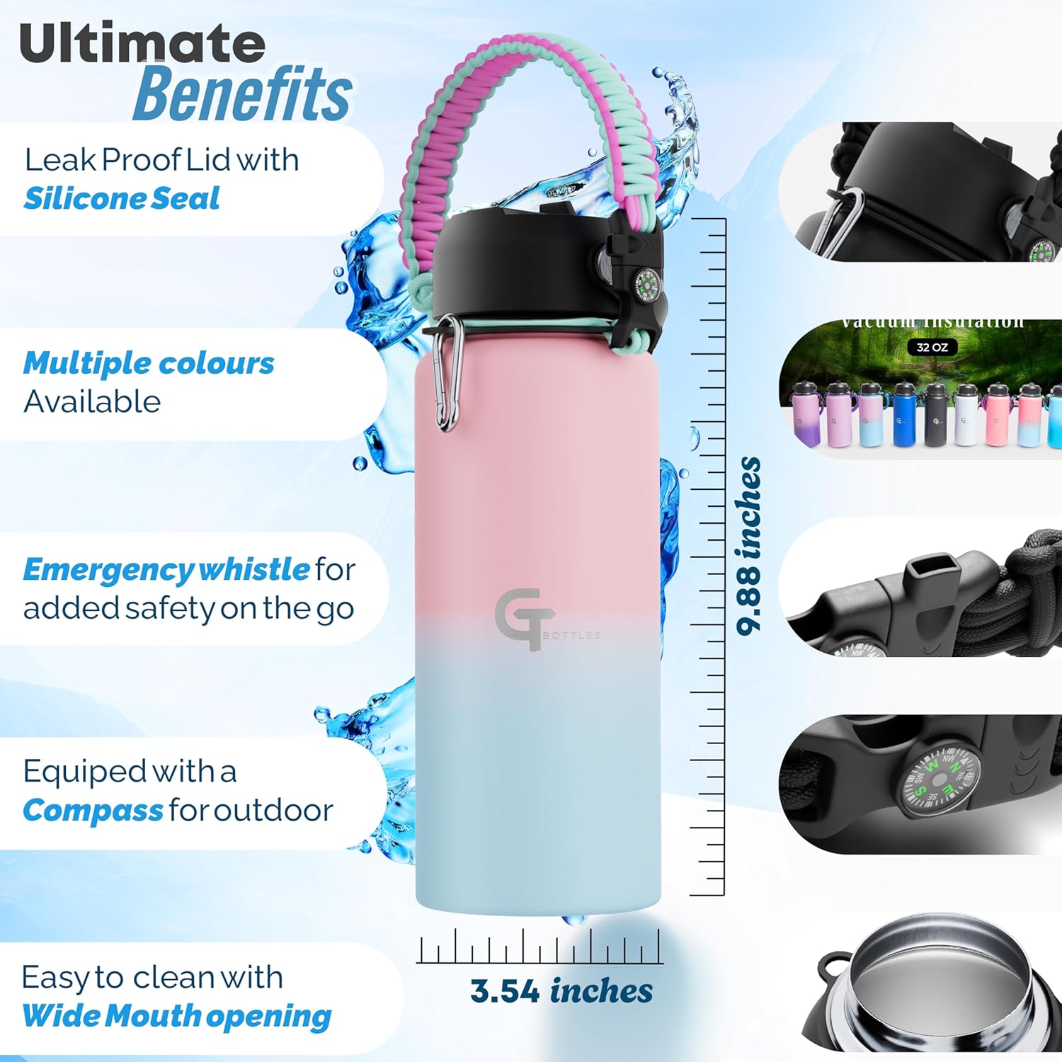 32oz Insulated Stainless Steel Water Bottle with 3 Lids & Paracord Handle – Leakproof Wide Mouth Metal Sports Bottle for Gym, School & Travel (Pink/Sky Blue, 32oz)