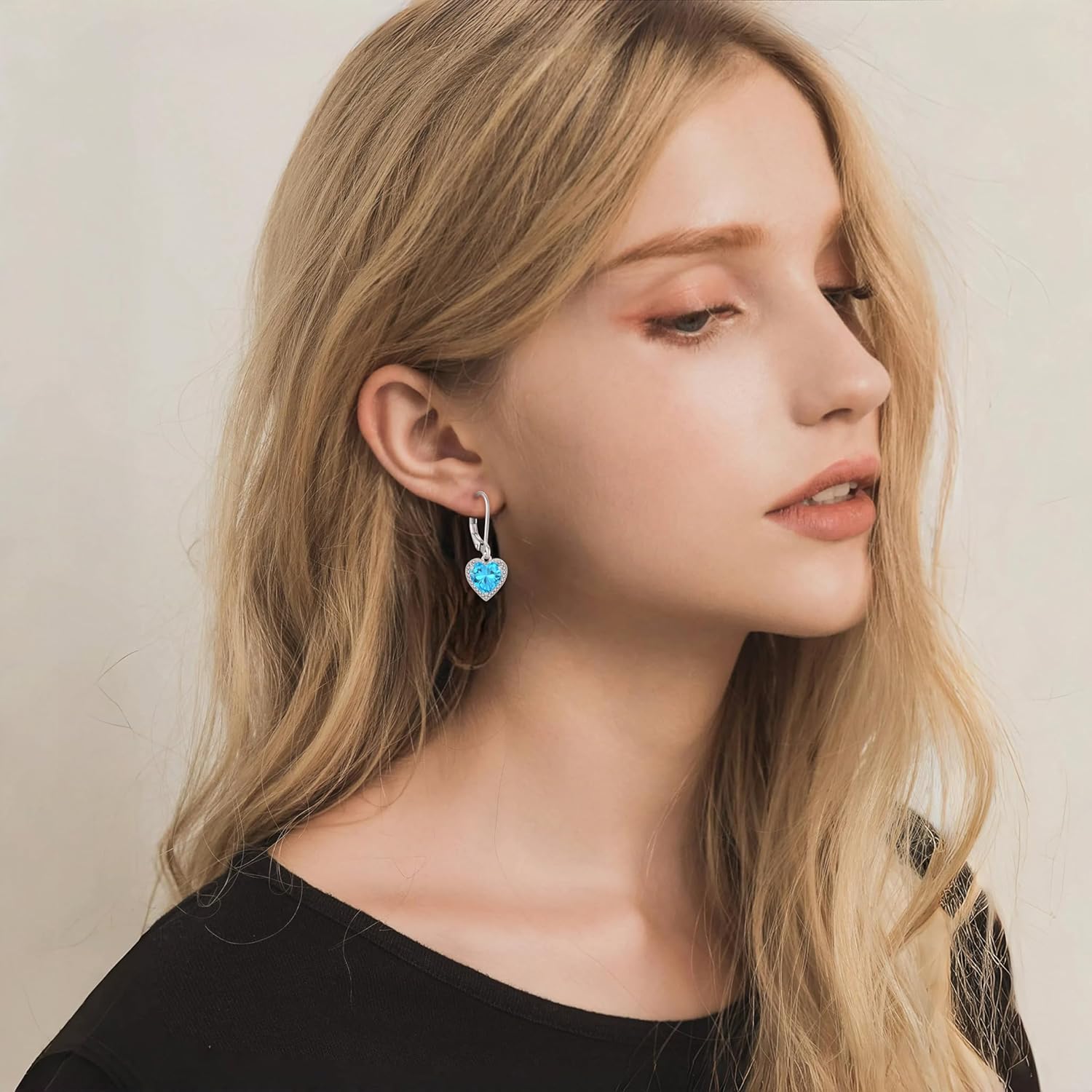 Heart Dangle Drop Earrings 925 Sterling Silver Halo Solitaire Leverback Earrings Birthstone Jewelry for Women - Image 2