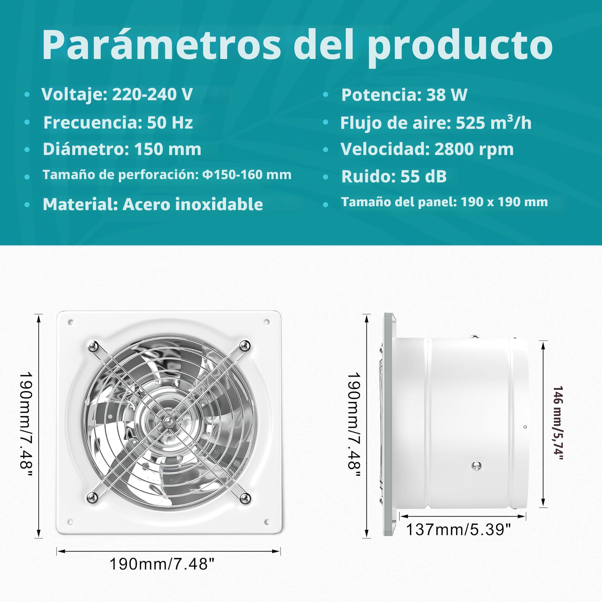 HG Power Ventilador de aspiración de 150 mm, 525 m³/h, extractor para baño, cocina, ventilación, circulación del aire con enchufe EU, blanco