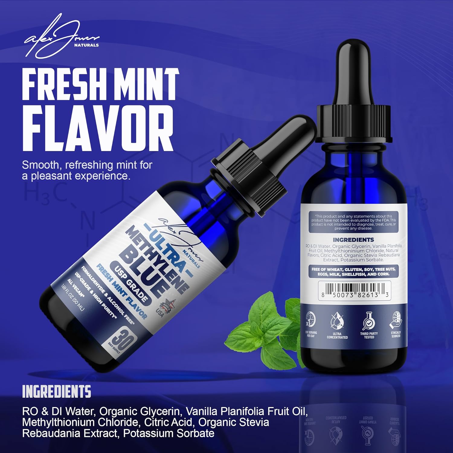 Alex Jones Ultra Methylene Blue Drops 1% USP Grade High Purity Solution – Fresh Mint Flavored, 50 mL (1.69 fl oz) Dropper Bottle – Organic Methylene Blue - 30 Day Supply