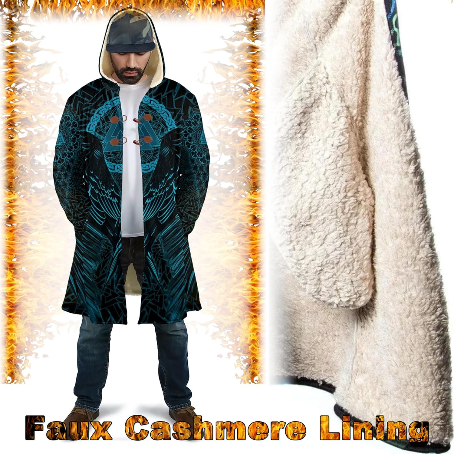 Ravens of Midgard Womens Coats Winter Soft Fleece Hooded Cloak Runic 3D Printed Harajuku Style Trench Coats Coatumes