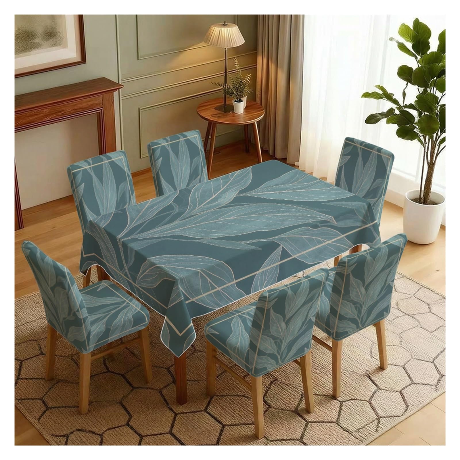 KXUAUV Minimalist Teal Leaf Print Stretch Dining Chair Covers & Tablecloth Set, 5/7 Pack Party Decor(7pcs Set: Tablecloth+Chair Covers)