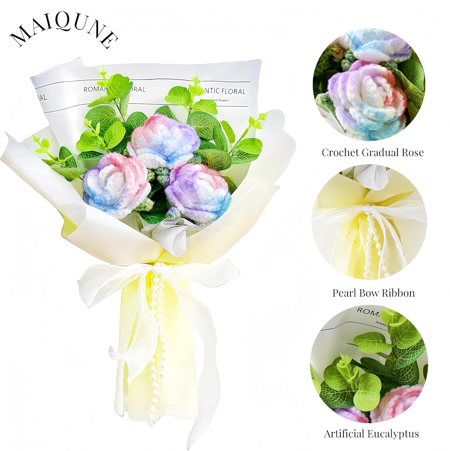 MAIQUNE Crochet Flower Bouquet,Handmade Knitted White Rose Bouquet,Yarn Art Flowers,Crocheted Artificial Flowers Gifts for Mom Valentine's Day Mother's Day Birthday Wedding Home Decor (Gradual Rose) - Image 3