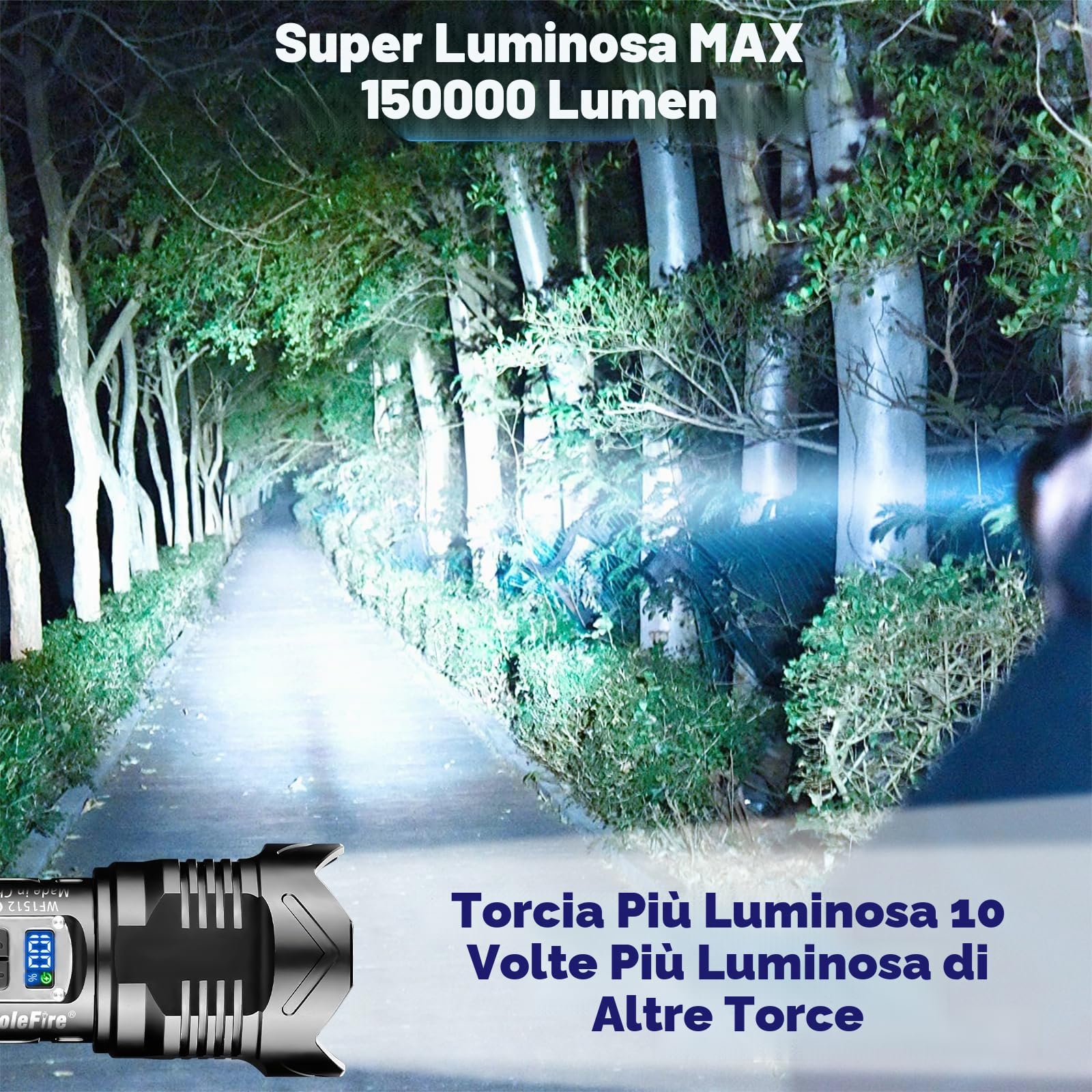 Torcia a LED ricaricabile, torcia a LED, estremamente luminosa, 150000 lumen, IP65, impermeabile, alimentata a batteria, torcia USB per le emergenze all'aperto, campeggio