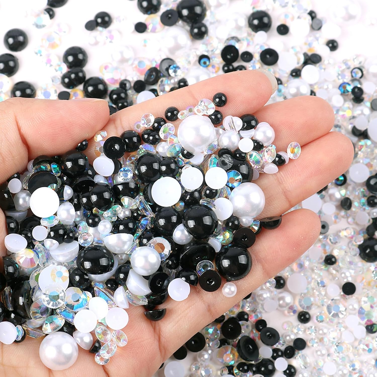 100g Mix Flatback Pearls and Rhinestone, Rhinestones for Crafting,Mixed Size 3mm-10mm AB Color Round Half Pearls Flatback Pearl Beads for DIY Craft Nail Art Shoes Clothes Tumblers(Black|Silver|White) - Image 3