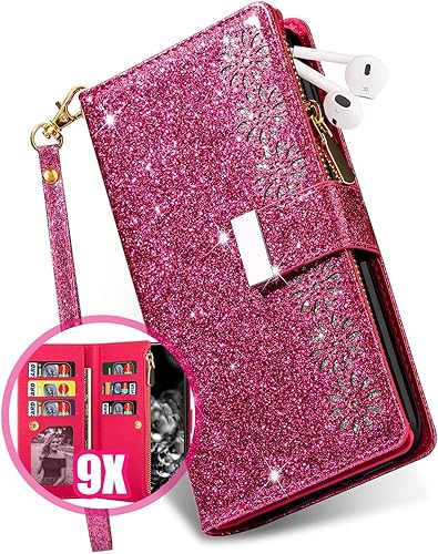 KUDEX Funda para Samsung Galaxy A20 para mujeresniñas con tarjetero, A30 Girly Flip Folio Glitter Bling Bling Leather Zipper Pocket Magnetic