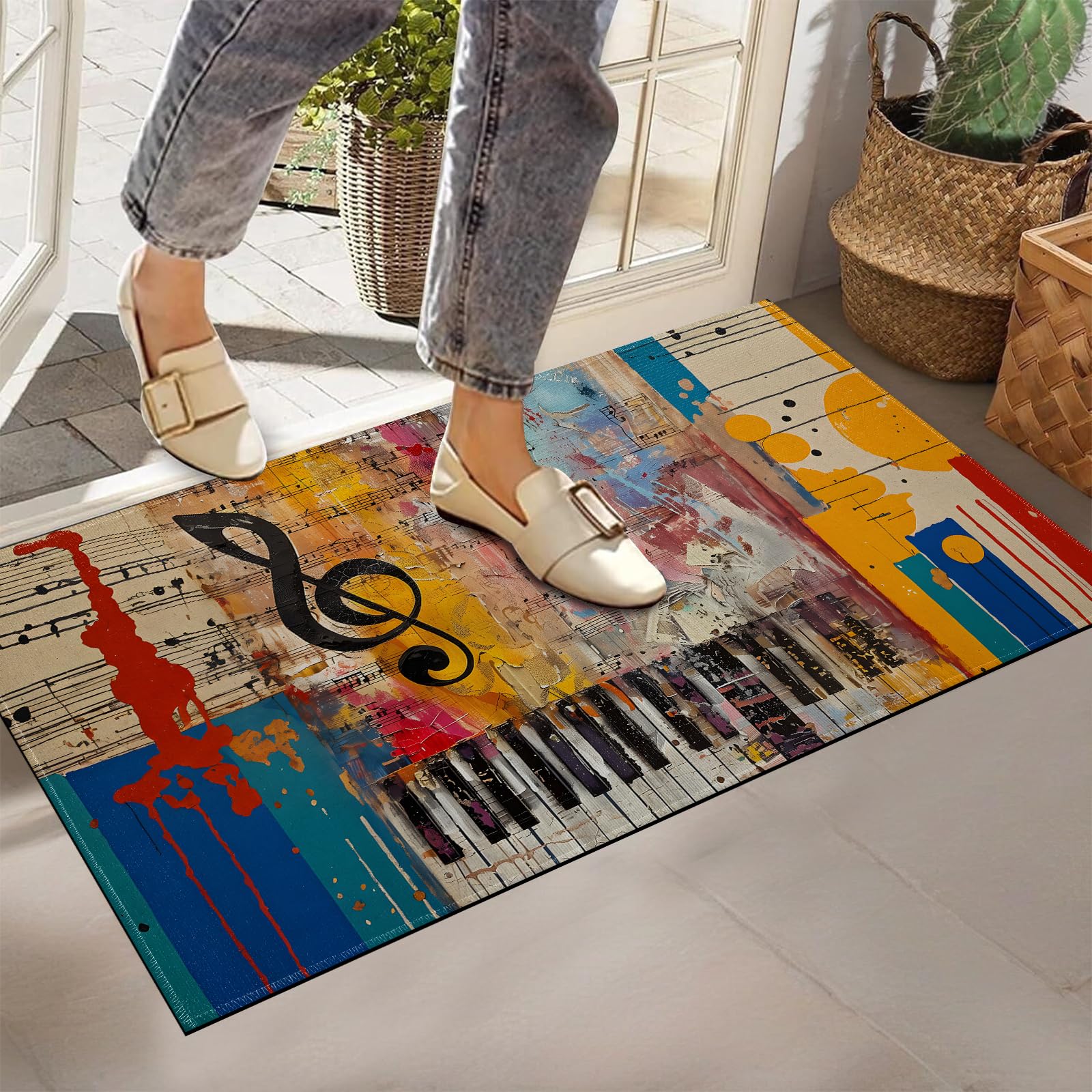 Music Note Indoor Doormat, Abstract Non-Woven Fabrics Non Slip Floor Mat 17x29.5 in Area Rug Quick Absorbent Entrance Rug Front Door Mat, Welcome Mats
