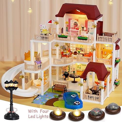 Miniatura 3 de Casa de muñecas grande para niñas de 3, 4, 6 a 12 años, juguetes para niños pequeños con 4 figuras de juguete, tobogán de piscina, elevador,