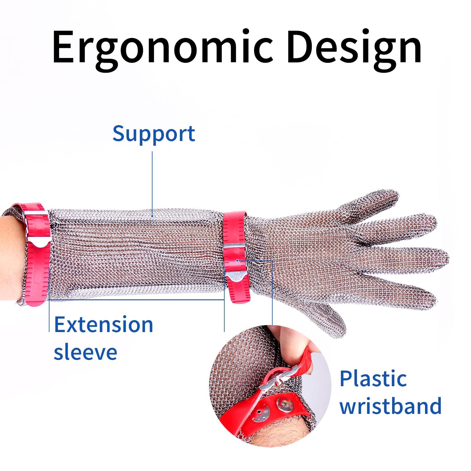 Guantes de acero inoxidable resistentes a cortes, 20 cm de longitud, con muñequera de plástico, alto nivel de protección (L)