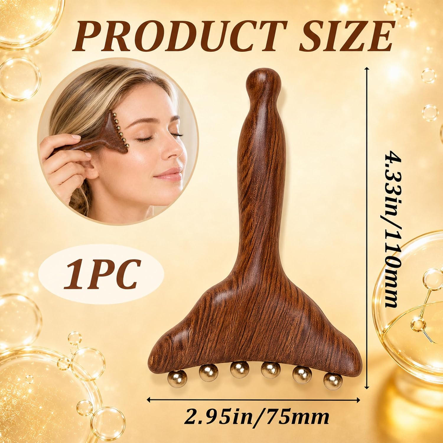Facial Massager for Lymphatic Drainage with Painless Smooth Gliding to Reduce Facial Puffiness and Jaw Tension, Skincare Gifts for Women, Golden Thread Sandalwood, 6 Cooling Copper Beads, T-Shape, 1pc