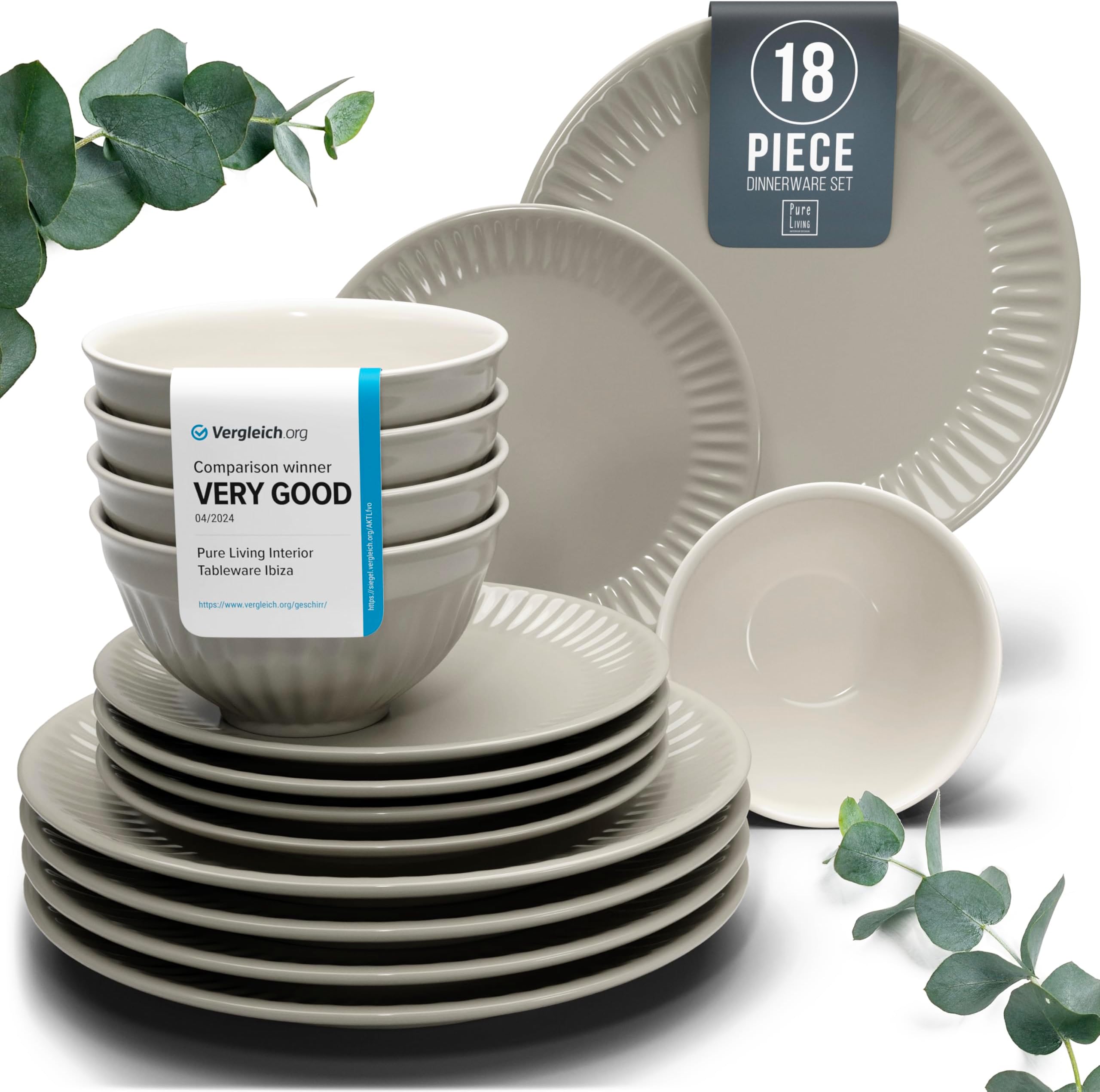 18-Piece Dinnerware Set - Bowl and Plate Set - Stoneware Dining Set for 6 People - Dishwasher and Microwave Safe - Grooved Dining Service in Light Brown