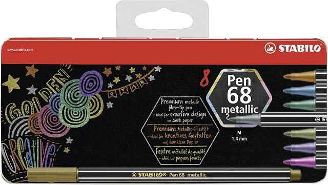 Metallic Premium Felt Tip Pen - STABILO Pen 68 Metallic - Tin of 8 - Assorted Colours - with Hanging Device