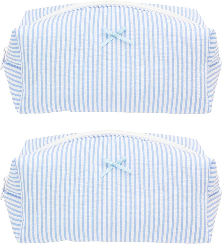 Necessaire de maquiagem PAZIMIIK com zíper, listrada azul, Pacote com 2
