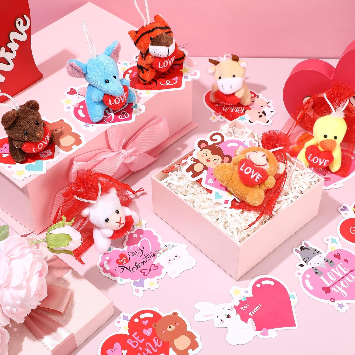 Blueweenly 24 Set Valentine's Day Classroom Gifts for Kids, Valentine Mini Stuffed Animals Plush Toy with Heart Cards and Bags for Students Exchange Gift Valentine Party Favors Goodie Bag Stuffers