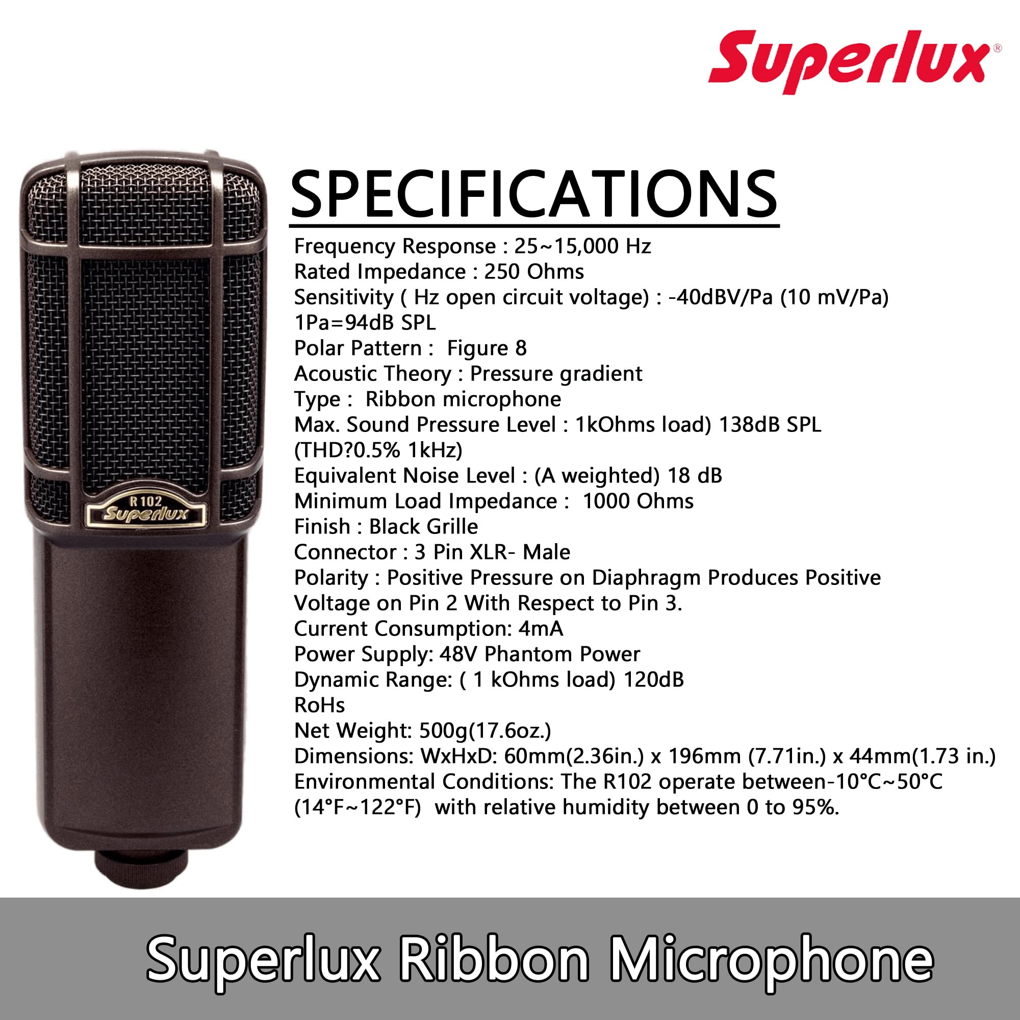 Superlux R102 Active Ribbon Studio Microphone – Phantom-Powered 48