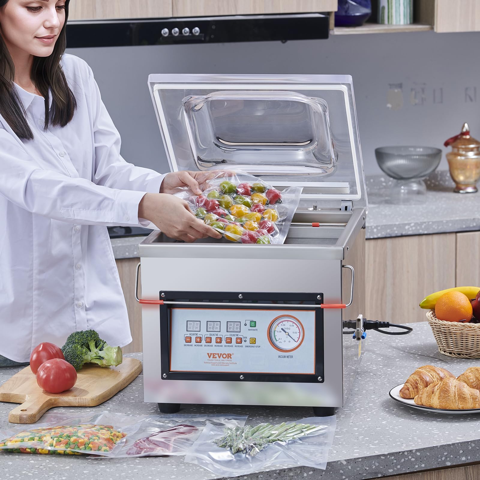 VEVOR Machine à emballer sous vide à chambre 320 W machine d'emballage sous vide taille compacte 320 mm dans la cuisine domestique et pour un usage commercial pour aliments humides, viandes, marinades