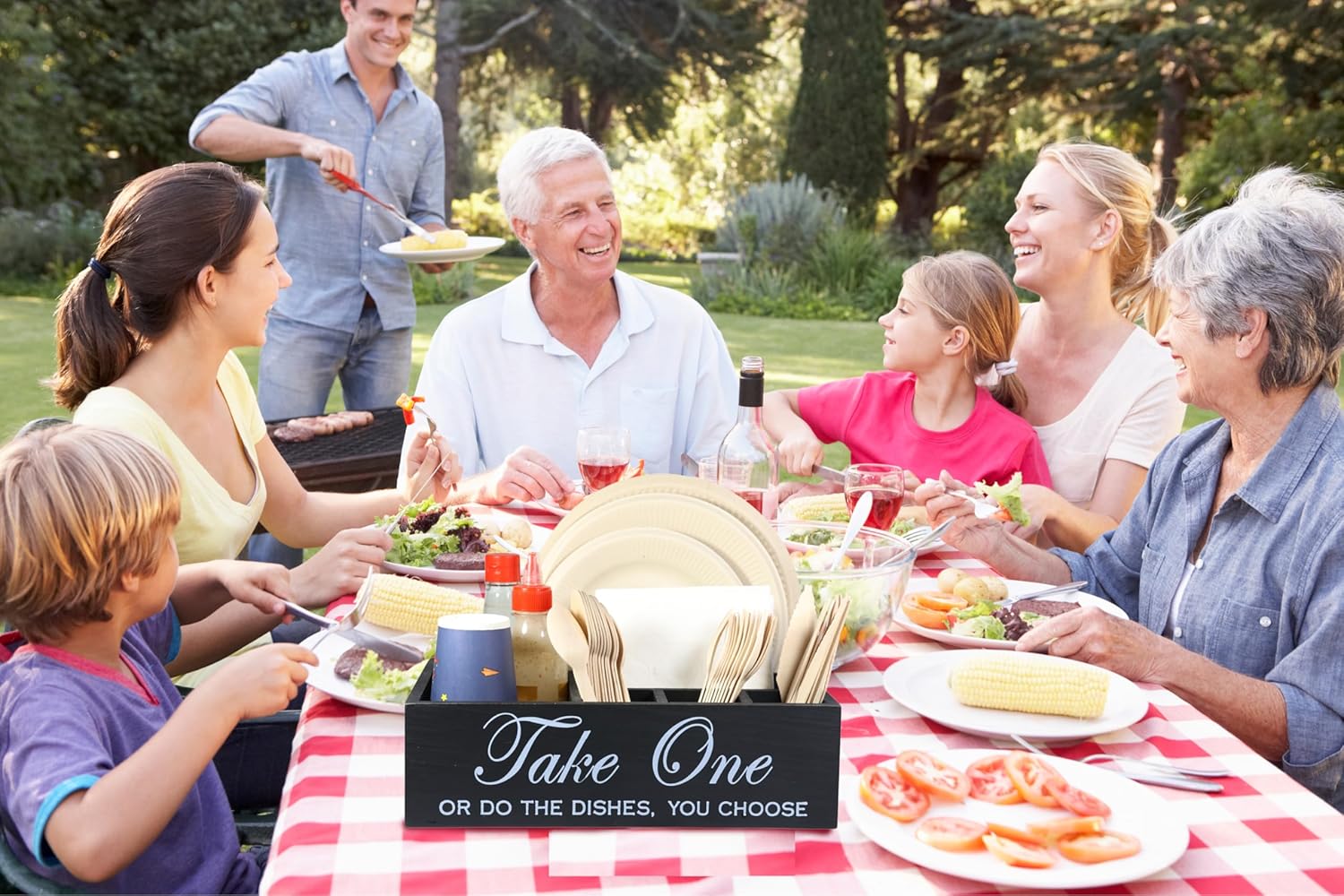 Paper Plate Holder Utensil Caddy Organizer - Rustic Wood Disposable Plate Dispenser with Handles for Cups, Forks, Spoons, Napkins and Silverware Holders (kong paper plate holder)