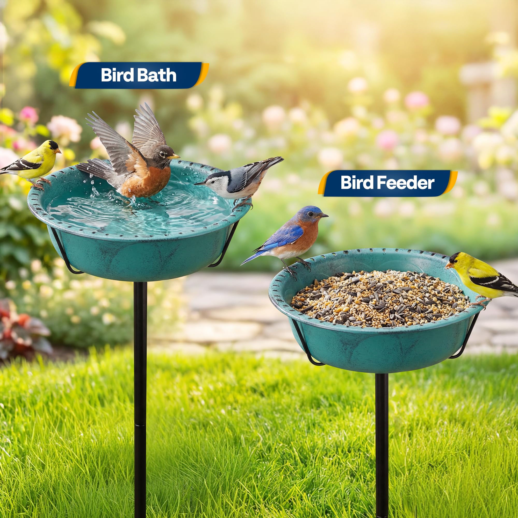 VIVOHOME Bird Bath for Garden, Metal Vintage Freestanding Birdbaths, Upgraded 4-Pronged Base, Bird Baths Feeder Bowl for Outdoor Garden Patio Yard Lawn Decor Green - 5