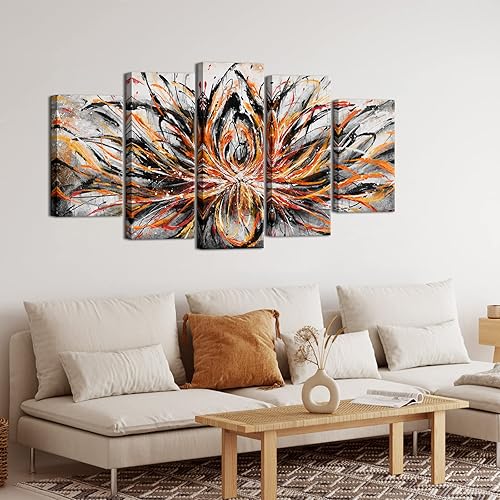 Miniatura 3 de sechars Lienzo abstracto grande de 5 piezas, arte de pared vintage de flores de loto naranja, impresiones de arte zen para el hogar, oficina, sala